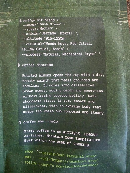 The back of the coffee bag with a description of the coffee. Brazilian origin.