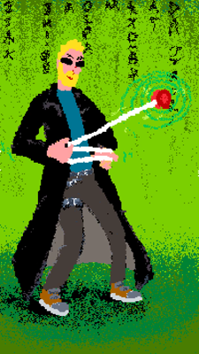A digital drawing of a man with blond hair, a long black trenchcoat, and dark shades, playing with a yo-yo. The man looks like Doctor Popular, but dressed as Neo from the Matrix. The drawing is slightly animated to give it a light wiggly aesthetic, and it has a green background with text drooping down from the top (like in the opening scenes of the Matrix).
