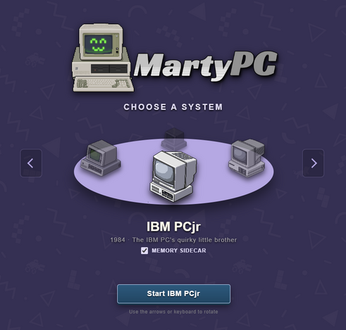 MartyPC's carousel/turntable interface for selecting machines, showing a purple turntable/carousel with various pixel art machines represented. Below that is a system card showing the system name and configurable options.   At the bottom is a cyan "Start" button.